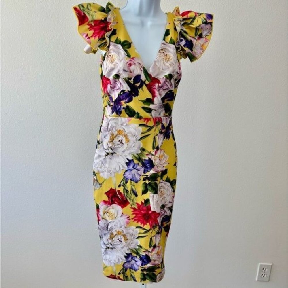 Glamazon Dress Small Colorful Floral Ruffle Bodycon Coquette Tropical Romantic